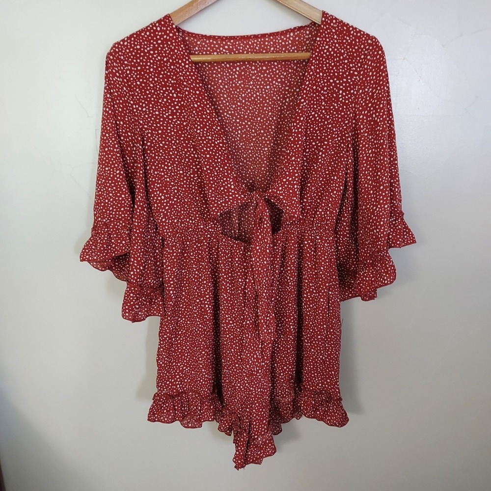 Rust Boho Polka Dot Tie Front Ruffle Romper Size M 6 Flutter Sleeve Festival